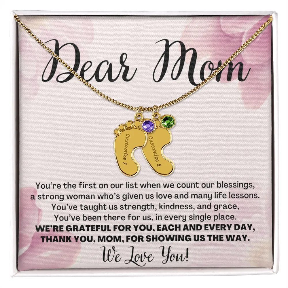 To Mom Gift From Kids, We Love You Custom Baby Feet Necklace with Birthstone