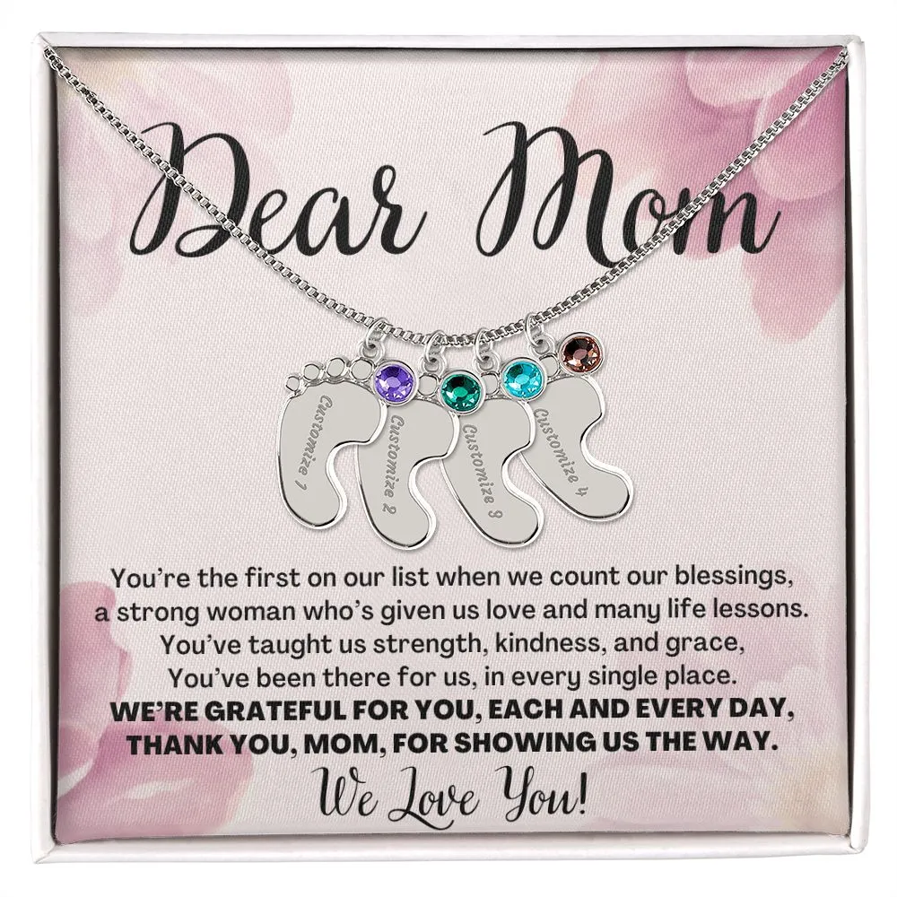 To Mom Gift From Kids, We Love You Custom Baby Feet Necklace with Birthstone