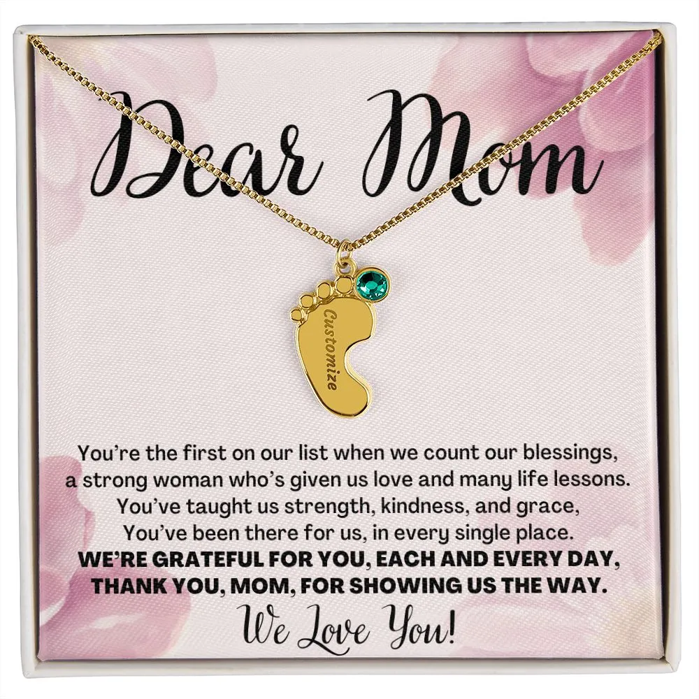 To Mom Gift From Kids, We Love You Custom Baby Feet Necklace with Birthstone