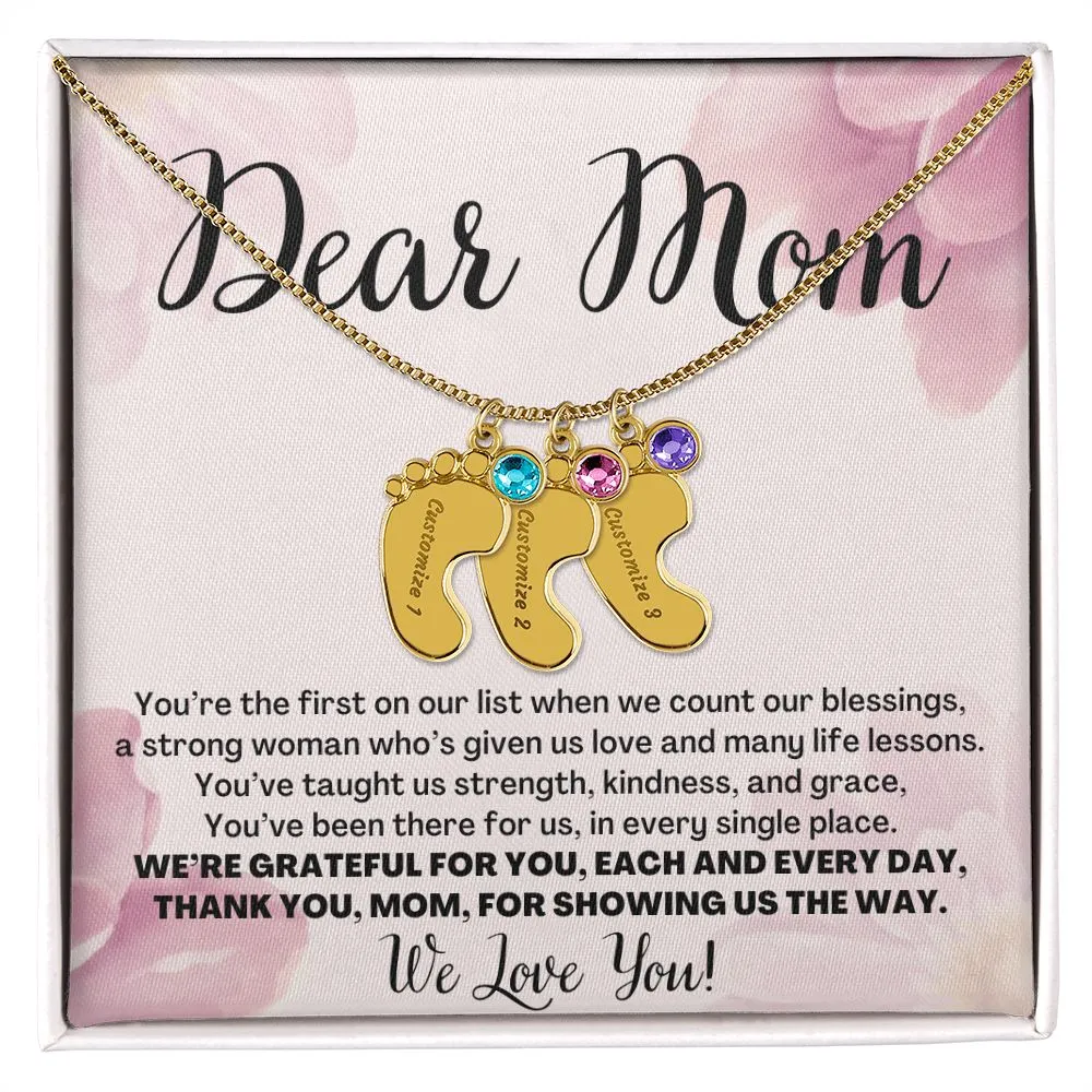 To Mom Gift From Kids, We Love You Custom Baby Feet Necklace with Birthstone