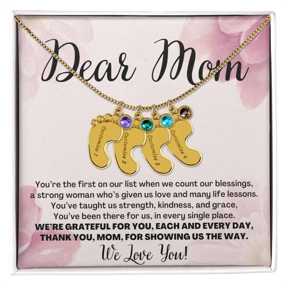 To Mom Gift From Kids, We Love You Custom Baby Feet Necklace with Birthstone