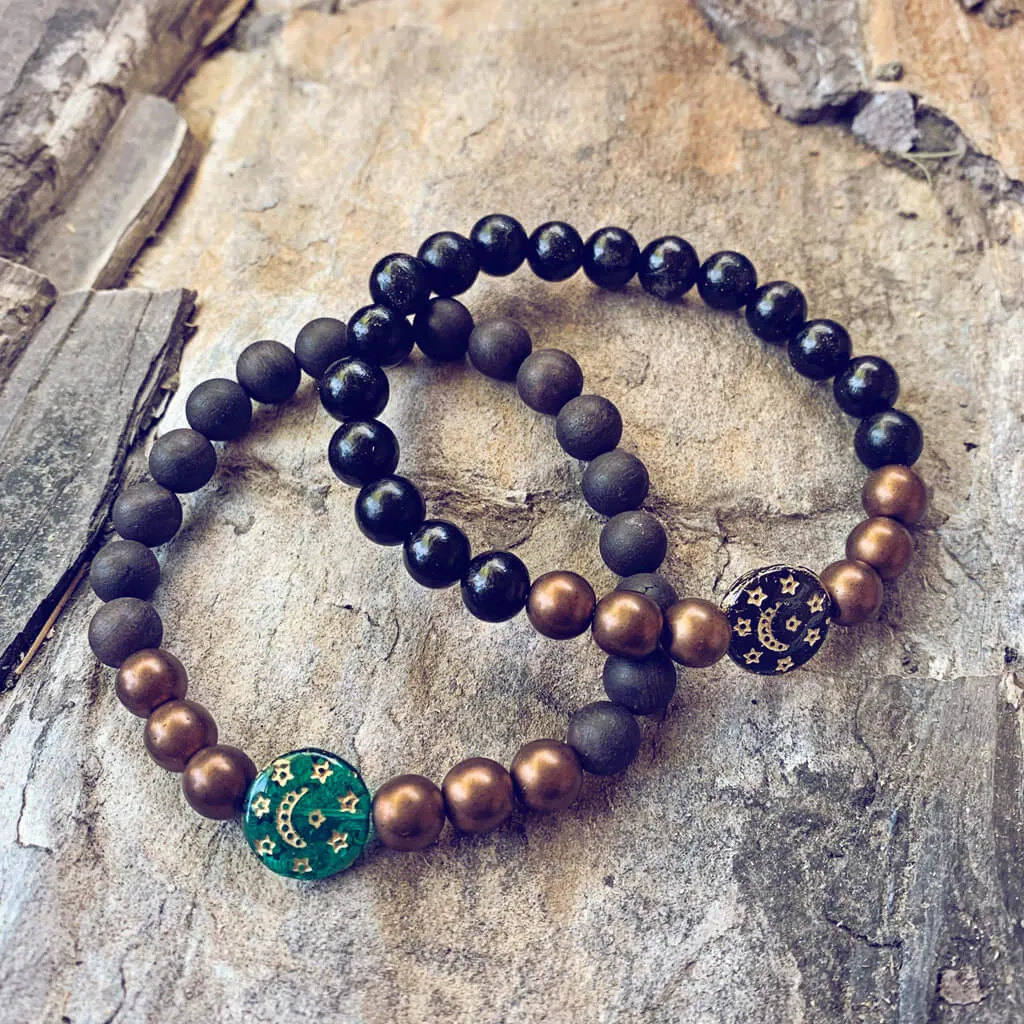 tranquility // black sandalwood and czech glass bracelet with moon & stars bead