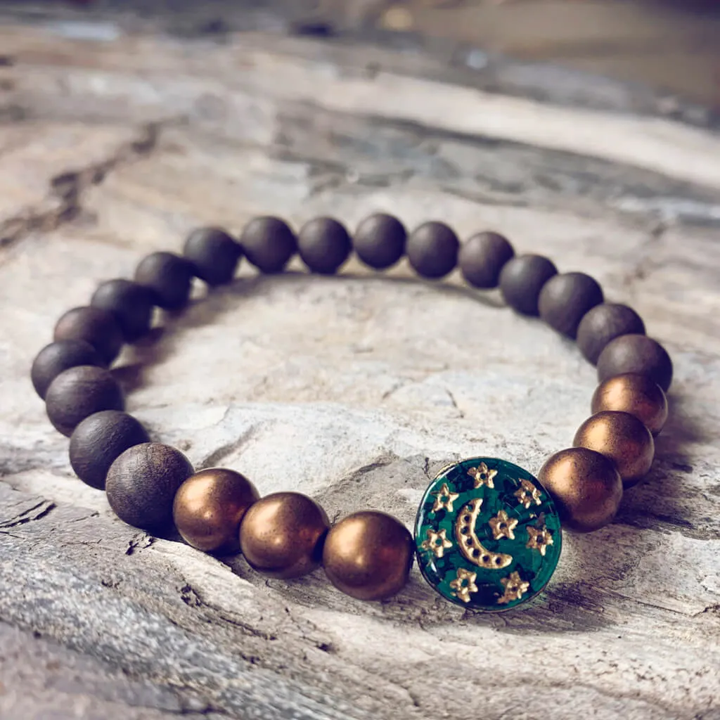 tranquility // black sandalwood and czech glass bracelet with moon & stars bead