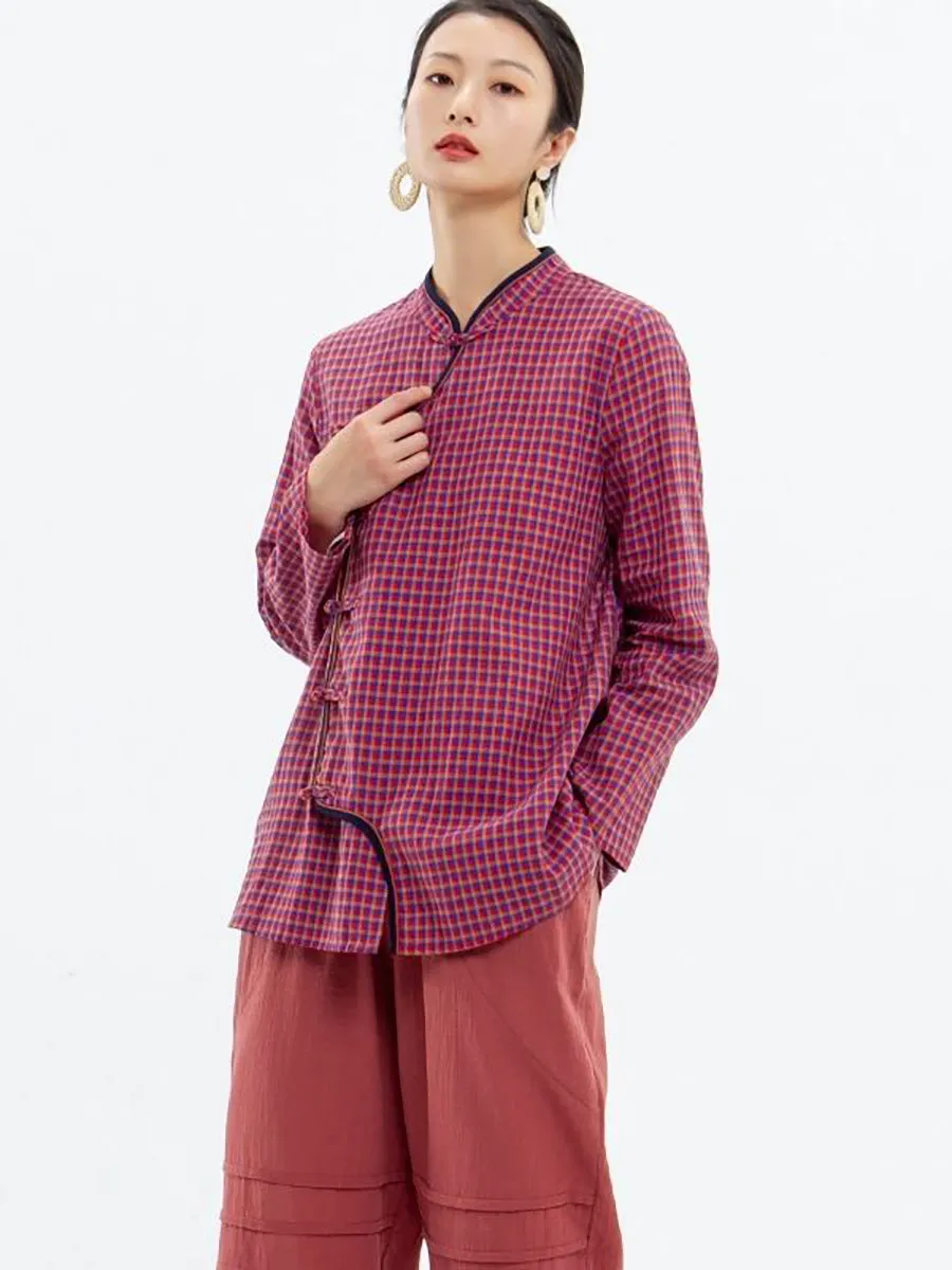 Women Retro Casual Plaid Linen Shirt