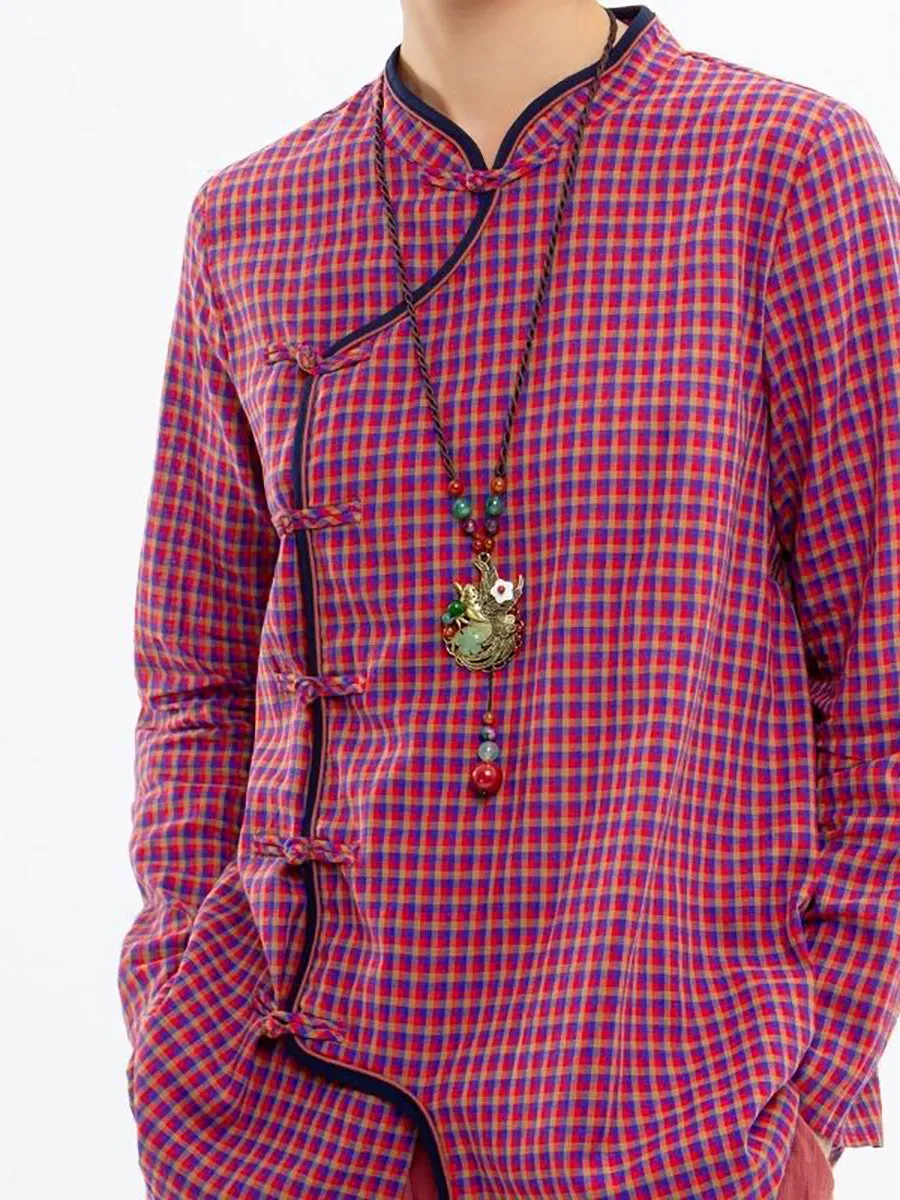 Women Retro Casual Plaid Linen Shirt