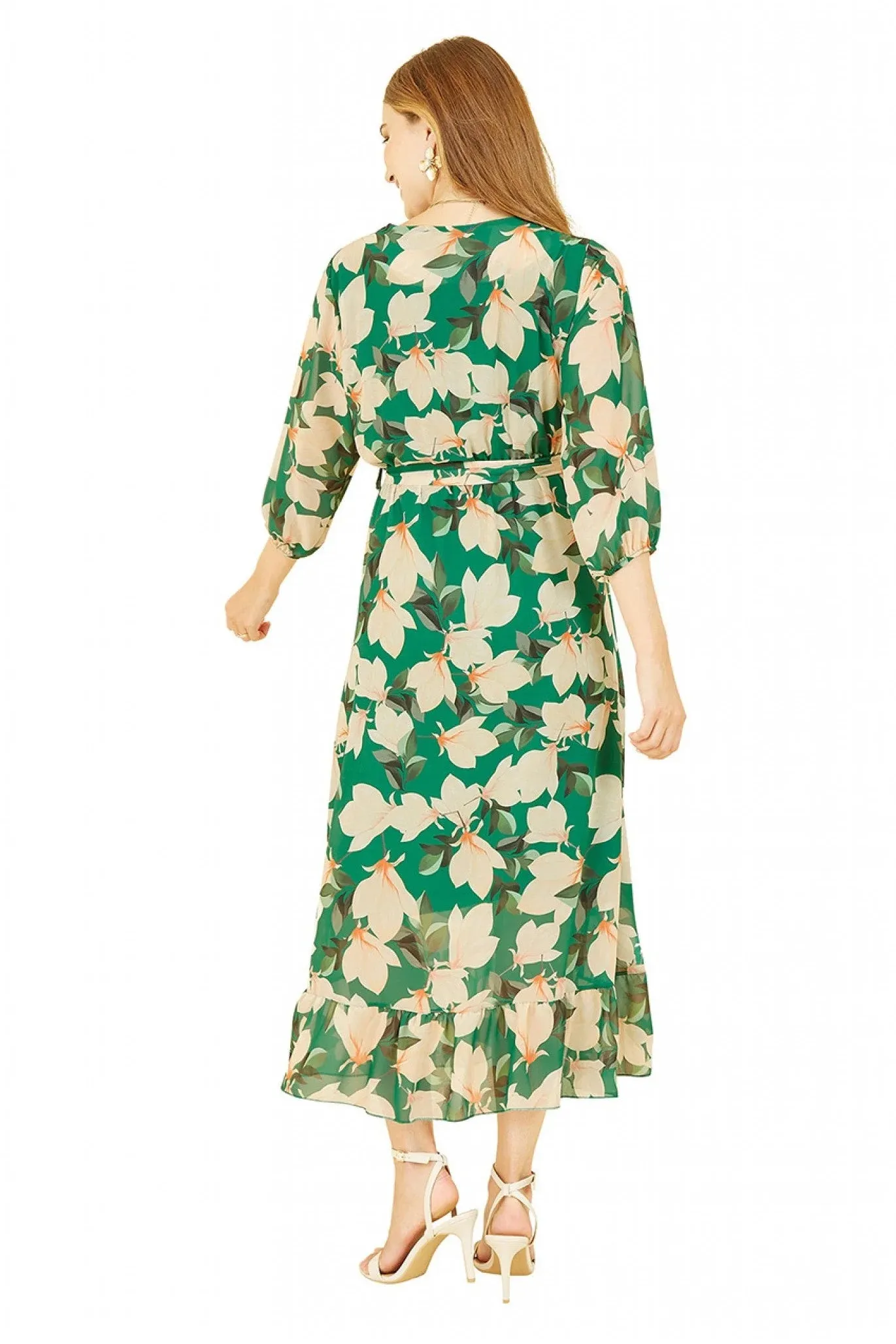 Yumi Green Blossom Wrap Midi Dress With 3/4 Sleeves